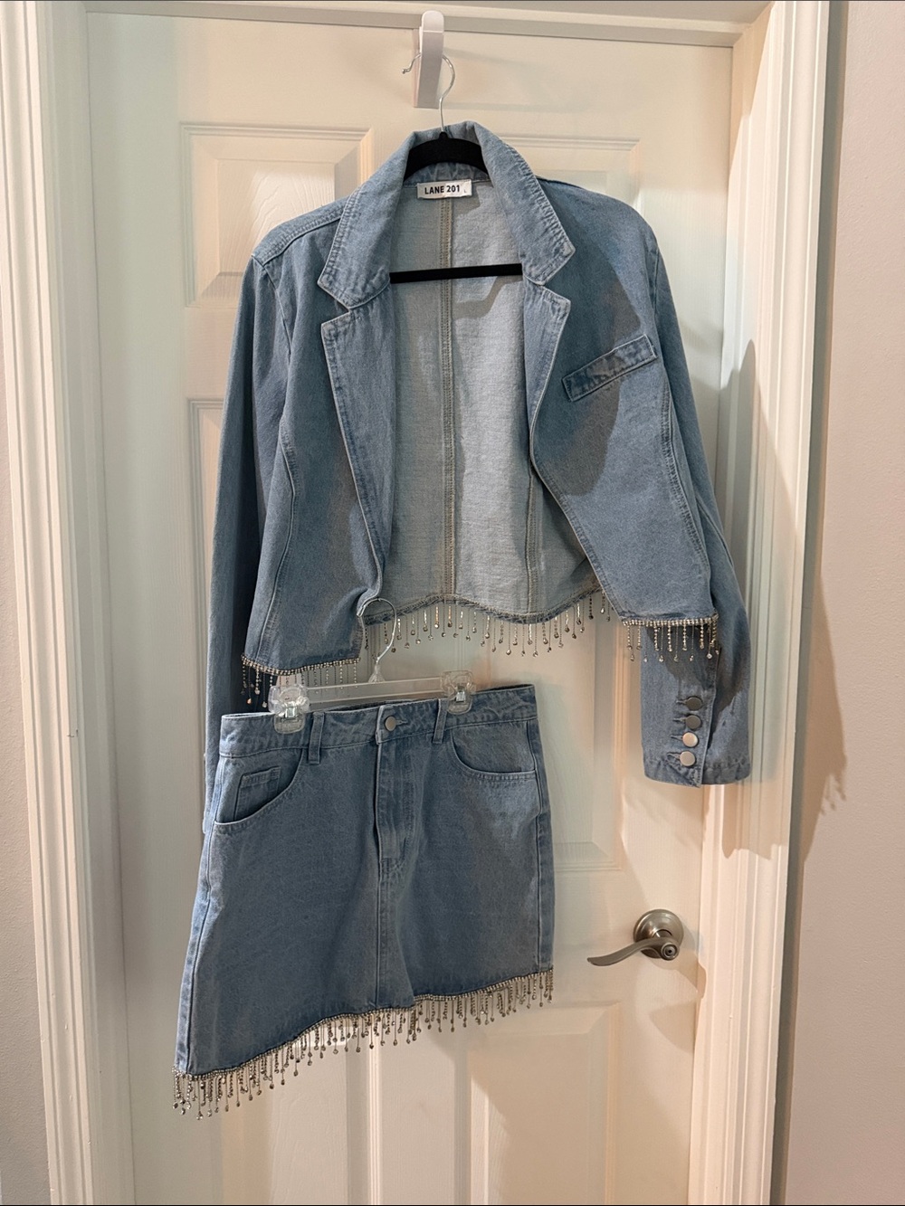 Light Blue Denim Skirt and Jacket Set - Beaded Hem with Rhinestone Fringe